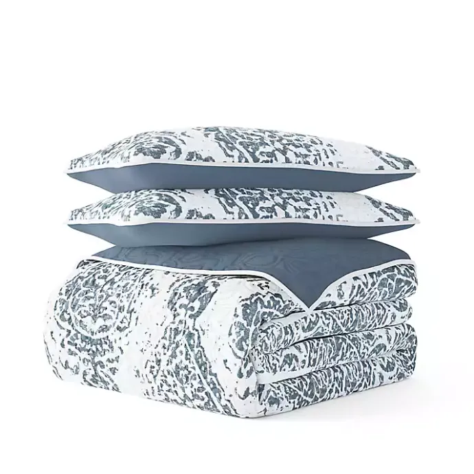 Outlet Kirklands Home Blue Damask Reversible 3-pc. Queen Quilt Set