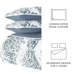 Outlet Kirklands Home Blue Damask Reversible 3-pc. Queen Quilt Set