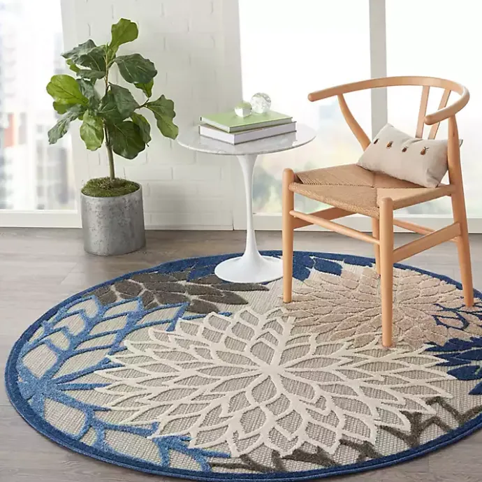 Best Kirklands Home Blue Floral Burst Round Outdoor Area Rug, 5x5