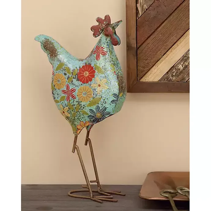 Discount Kirklands Home Blue Floral Metal Rooster Statue