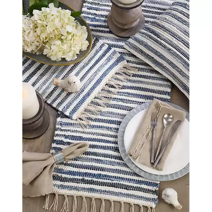 Best Kirklands Home Blue Striped Chindi Cotton Table Runner