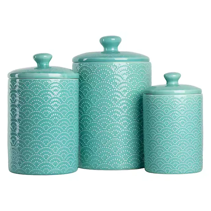 New Kirklands Home Tide Ceramic Embossed Canisters, Set of 3 Blue