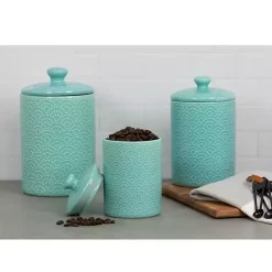 New Kirklands Home Tide Ceramic Embossed Canisters, Set of 3 Blue