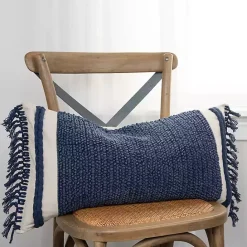 Discount Kirklands Home Tufted Macrame Tassels Lumbar Pillow Blue