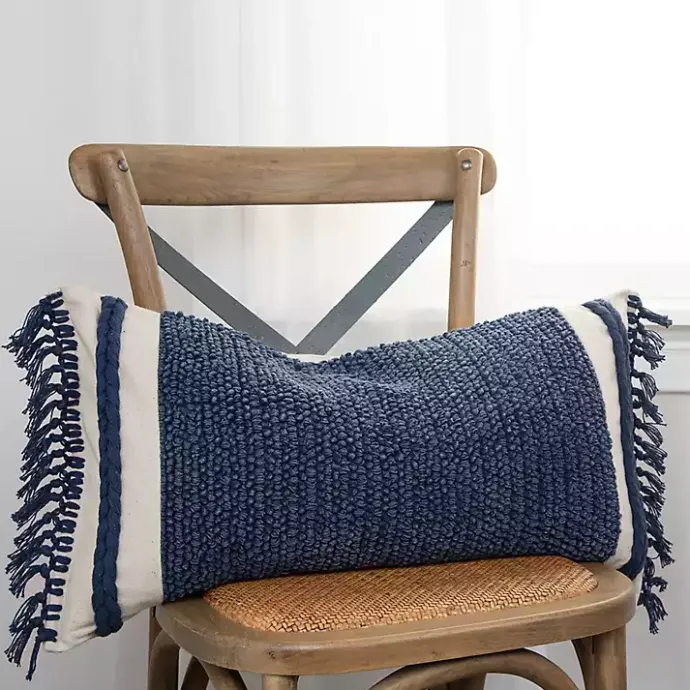 Discount Kirklands Home Tufted Macrame Tassels Lumbar Pillow Blue