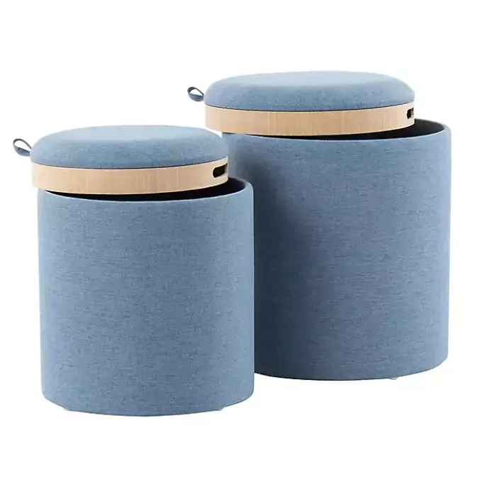 New Kirklands Home Upholstered Ottomans with Tray Tops, Set of 2 Blue