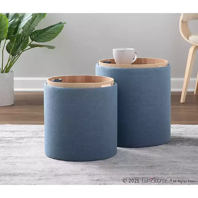 New Kirklands Home Upholstered Ottomans with Tray Tops, Set of 2 Blue