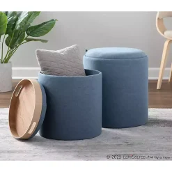 New Kirklands Home Upholstered Ottomans with Tray Tops, Set of 2 Blue