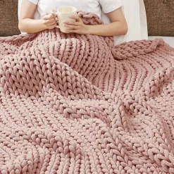 Discount Kirklands Home Blush Hand Made Chunky Double Knit Throw Blanket Pink