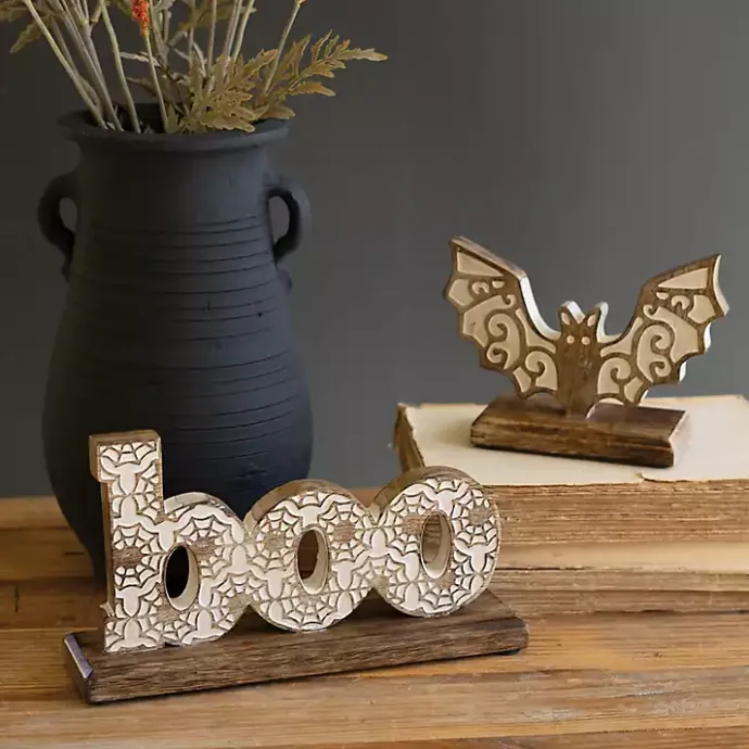 Kirklands Home Boo and Bat Wooden Figurines, Set of 2