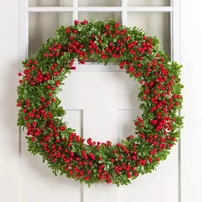 Sale Kirklands Home Boxwood and Red Berry Christmas Wreath