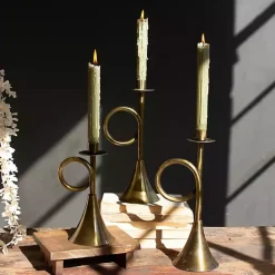 Sale Kirklands Home Brass Antique Trumpet Candle Holders, Set of 3 Gold