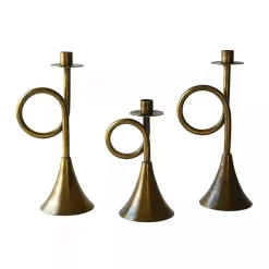 Sale Kirklands Home Brass Antique Trumpet Candle Holders, Set of 3 Gold