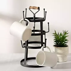 Kirklands Home Bronze Metal Mug Holder with Wooden Handle Brown