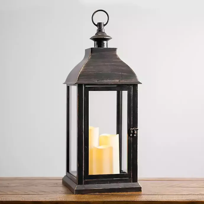 Clearance Kirklands Home Bronze Plastic Lantern with LED Pillar Candles Brown