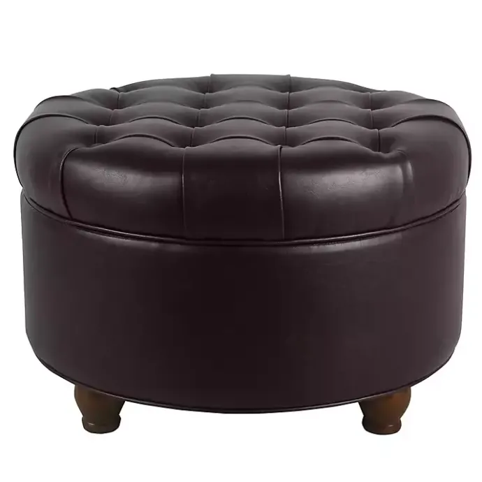 Best Kirklands Home Faux Leather Tufted Round Storage Ottoman Brown
