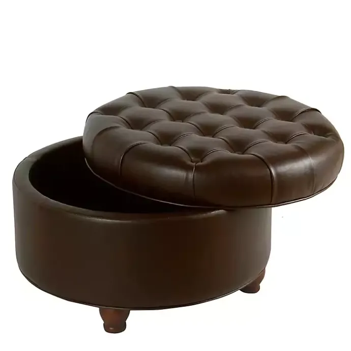 Best Kirklands Home Faux Leather Tufted Round Storage Ottoman Brown