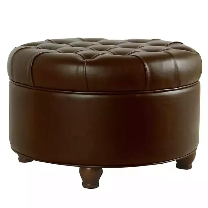 Best Kirklands Home Faux Leather Tufted Round Storage Ottoman Brown