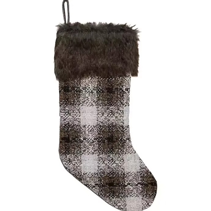 Kirklands Home Brown Knitted Plaid Fur Cuff Stocking