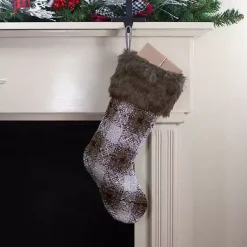 Kirklands Home Brown Knitted Plaid Fur Cuff Stocking