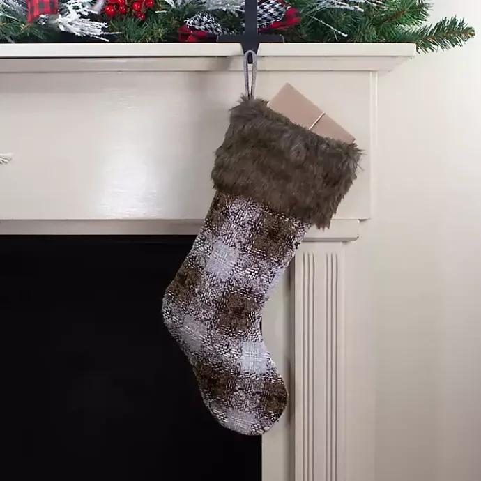 Kirklands Home Brown Knitted Plaid Fur Cuff Stocking