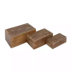 New Kirklands Home Mango Wood Carved Boxes, Set of 3 Brown