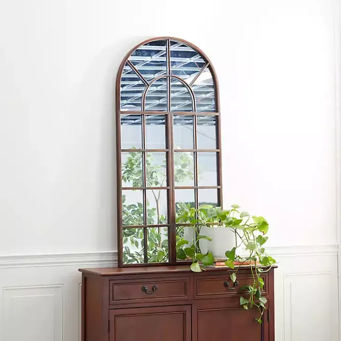 Best Kirklands Home Metal Arch Frame Windowpane Wall Mirror Brown