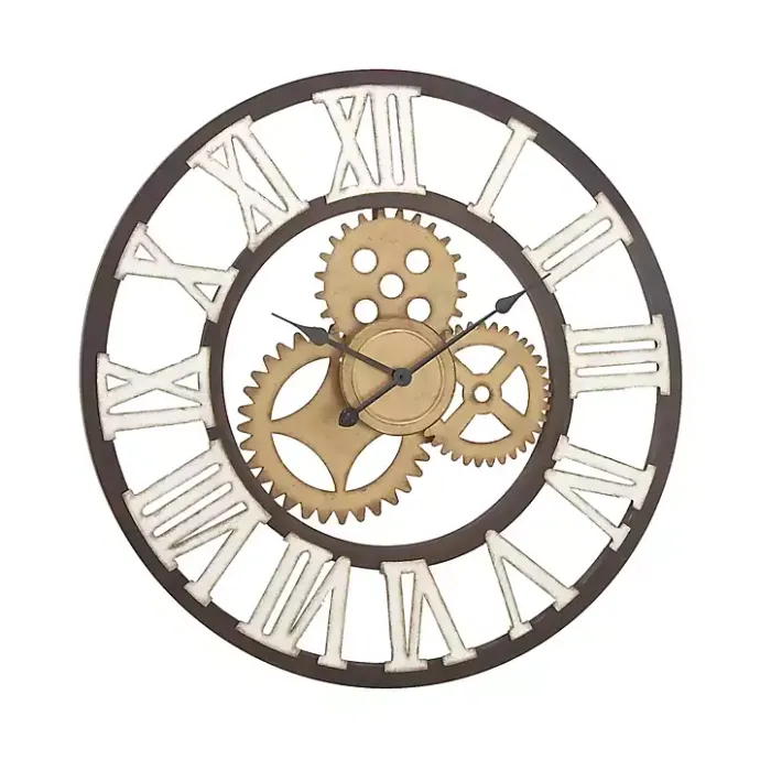Outlet Kirklands Home Brown Metal Open Face Gold Gears Wall Clock