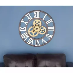 Outlet Kirklands Home Brown Metal Open Face Gold Gears Wall Clock