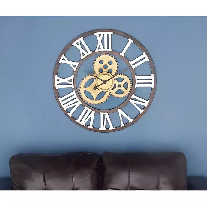Outlet Kirklands Home Brown Metal Open Face Gold Gears Wall Clock
