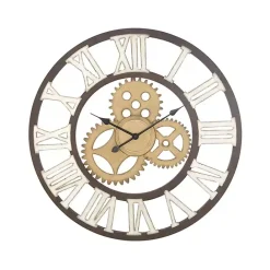 Outlet Kirklands Home Brown Metal Open Face Gold Gears Wall Clock