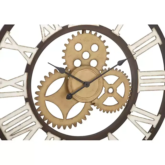 Outlet Kirklands Home Brown Metal Open Face Gold Gears Wall Clock