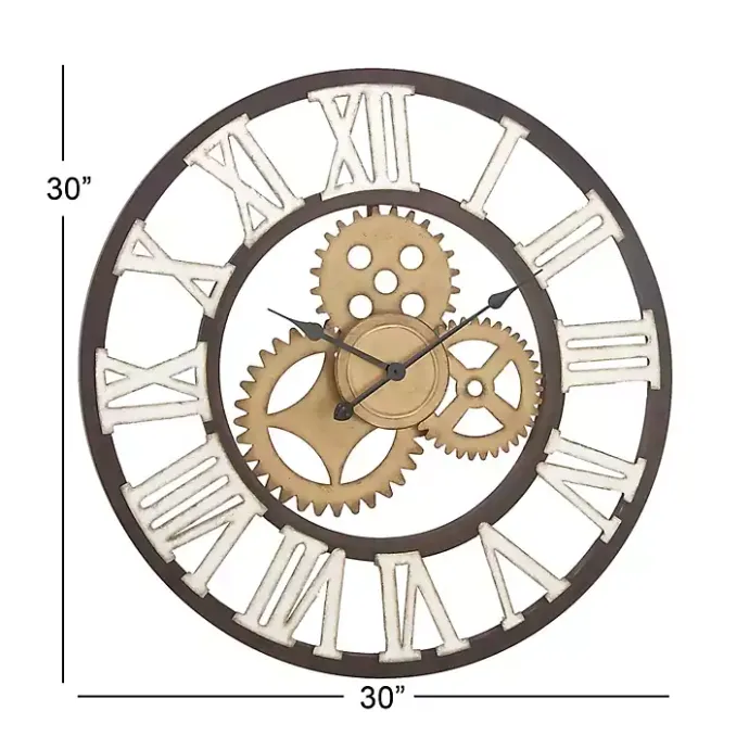 Outlet Kirklands Home Brown Metal Open Face Gold Gears Wall Clock