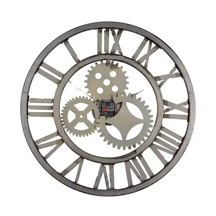 Outlet Kirklands Home Brown Metal Open Face Gold Gears Wall Clock