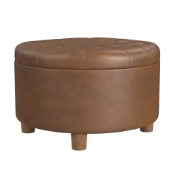 Best Kirklands Home Round Faux Leather Tufted Storage Ottoman Brown