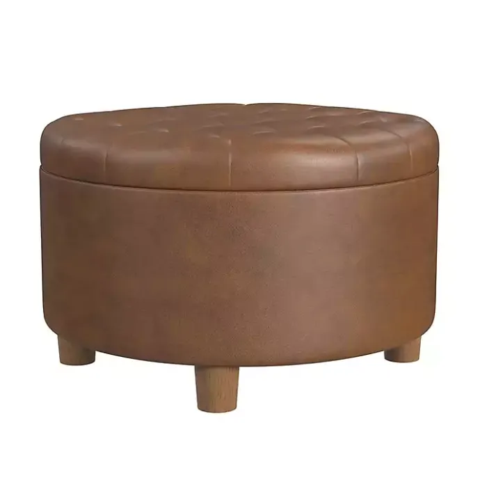 Best Kirklands Home Round Faux Leather Tufted Storage Ottoman Brown