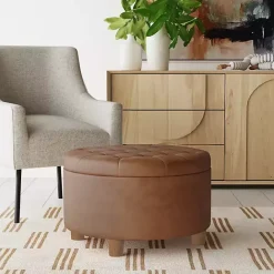 Best Kirklands Home Round Faux Leather Tufted Storage Ottoman Brown