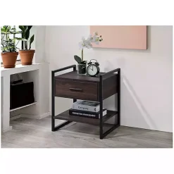 Kirklands Home Wood & Black Metal Frame Nightstand Brown