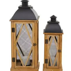 Online Kirklands Home Brown Wood and Black Mesh Lanterns, Set of 2