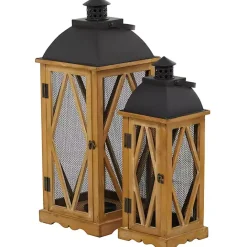 Online Kirklands Home Brown Wood and Black Mesh Lanterns, Set of 2