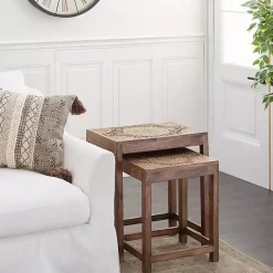 Kirklands Home Wood Carved Floral Nesting Tables, Set of 2 Brown