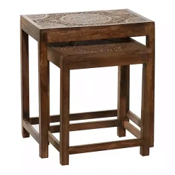 Kirklands Home Wood Carved Floral Nesting Tables, Set of 2 Brown