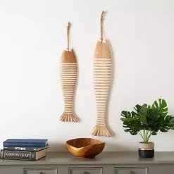 New Kirklands Home Wood Striped Fish Wall Plaques, Set of 2 Brown