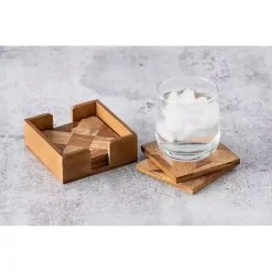 New Kirklands Home Wood Tile Coasters and Holder, Set of 5 Brown