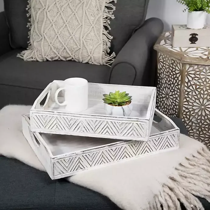 Best Kirklands Home Brushed Chevron Carved Trays, Set of 2 White