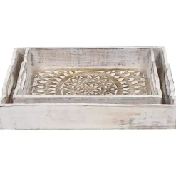 Best Kirklands Home Brushed Mandala Carved Trays, Set of 2 White