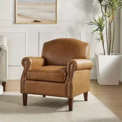 Kirklands Home Camel Faux Leather Nailhead Taylor Armchair Tan