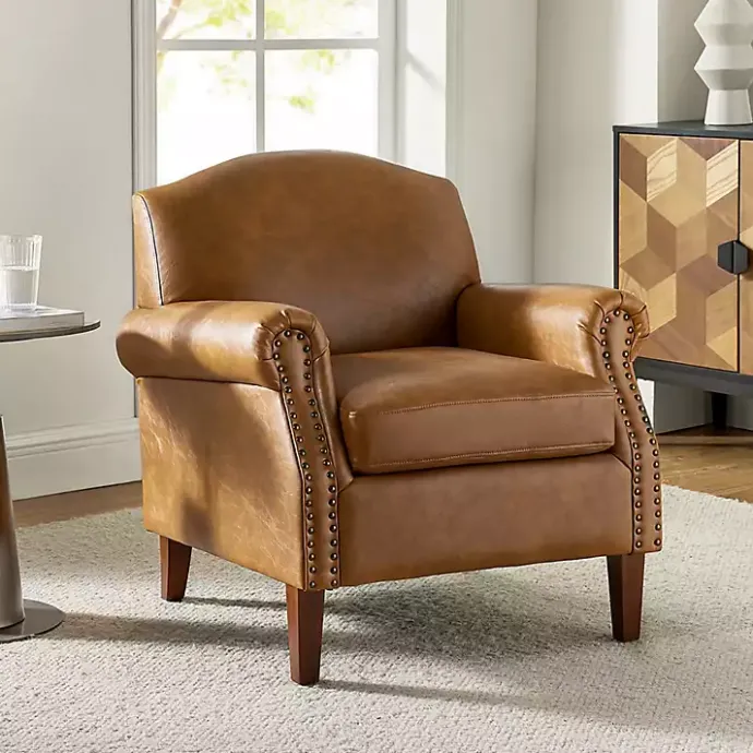 Kirklands Home Camel Faux Leather Nailhead Taylor Armchair Tan