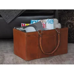 Kirklands Home Camel Rustic Leather Magazine Rack Basket Brown