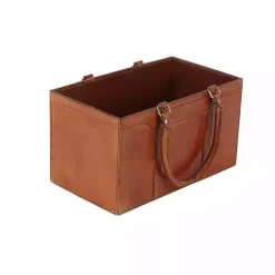 Kirklands Home Camel Rustic Leather Magazine Rack Basket Brown